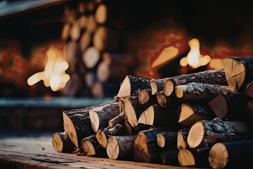 leña con chimenea de fondo